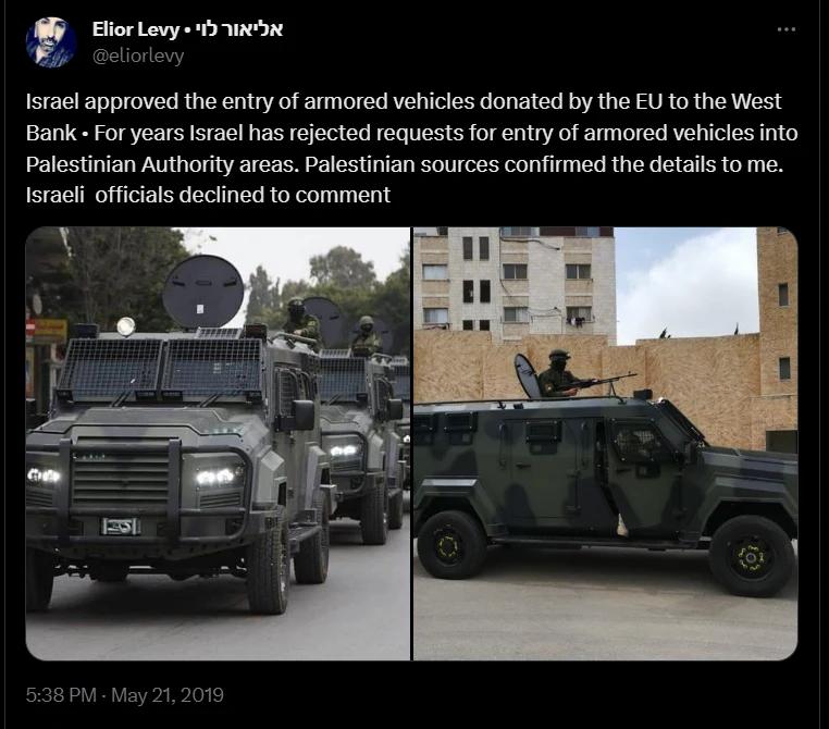 PA armored vehicles agreed to by Israel move into position as Israeli citizens begin taking countermeasures